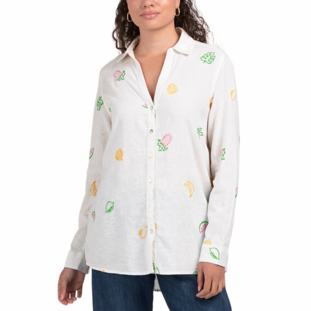 C&C California | Tutti Frutti Embroidered Linen Blend Button Front Shirt | NWT